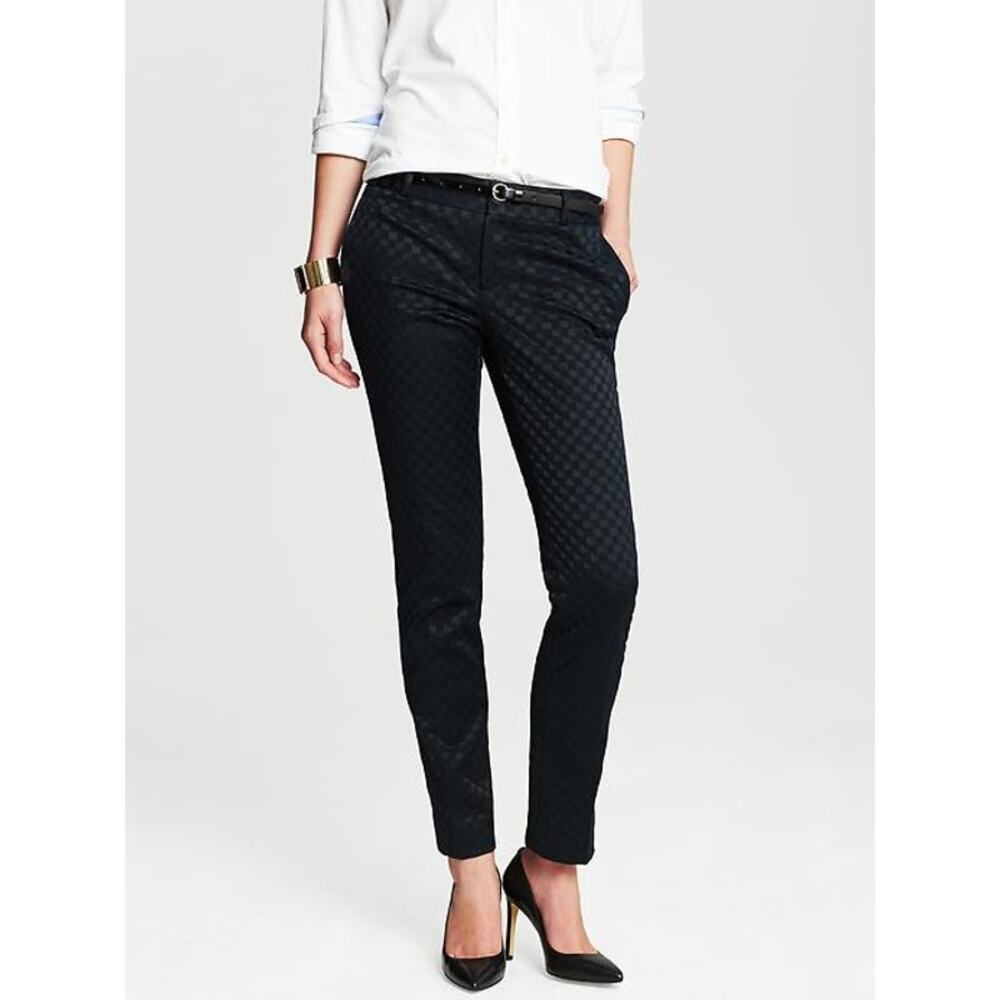Hampton-Fit Tonal Check Crop shiny black career causal pants slacks sz 6 ankle ^